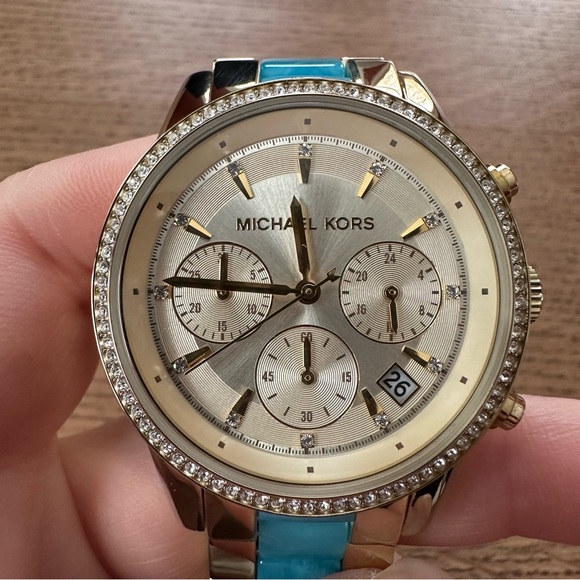Michael Kors gold and blue chronograph crystal halo watch - Picture 4 of 7